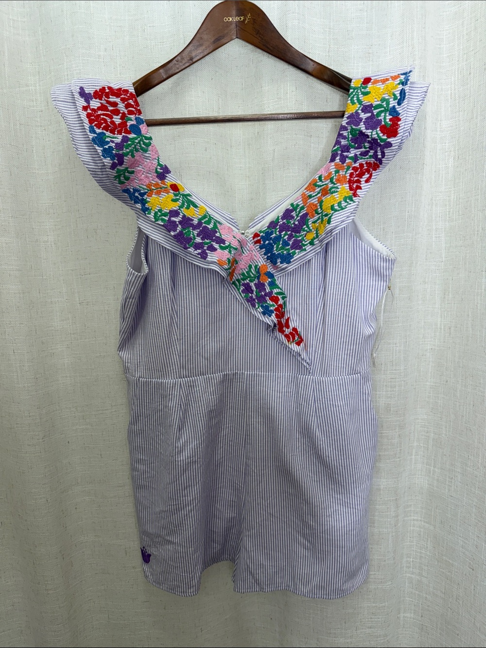 J. Marie Striped Sleeveless Romper with Colorful Embroidered Collar Size Large